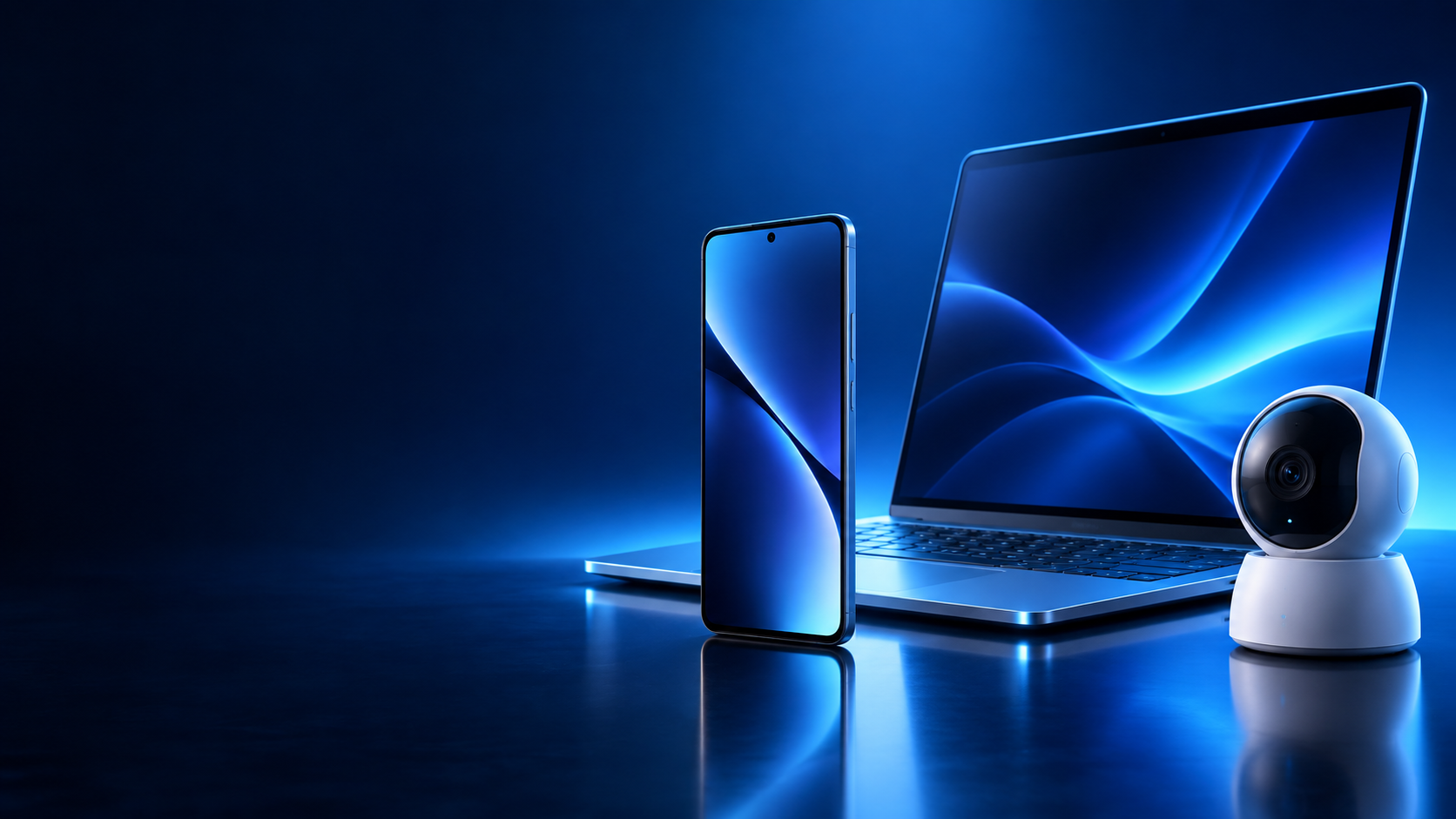 Flagship smartphone, laptop and smart-home camera in a blue studio